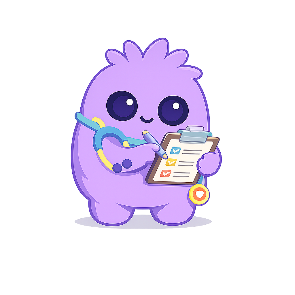 NeoKids Pro pediatrician mascot reviewing a child wellness scan report with growth charts and a color-coded health summary
